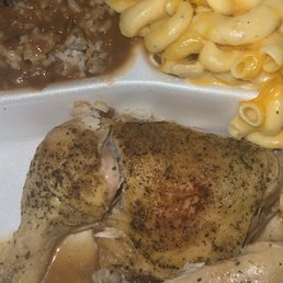 Baked chicken, Mac n cheese, rice and gravy