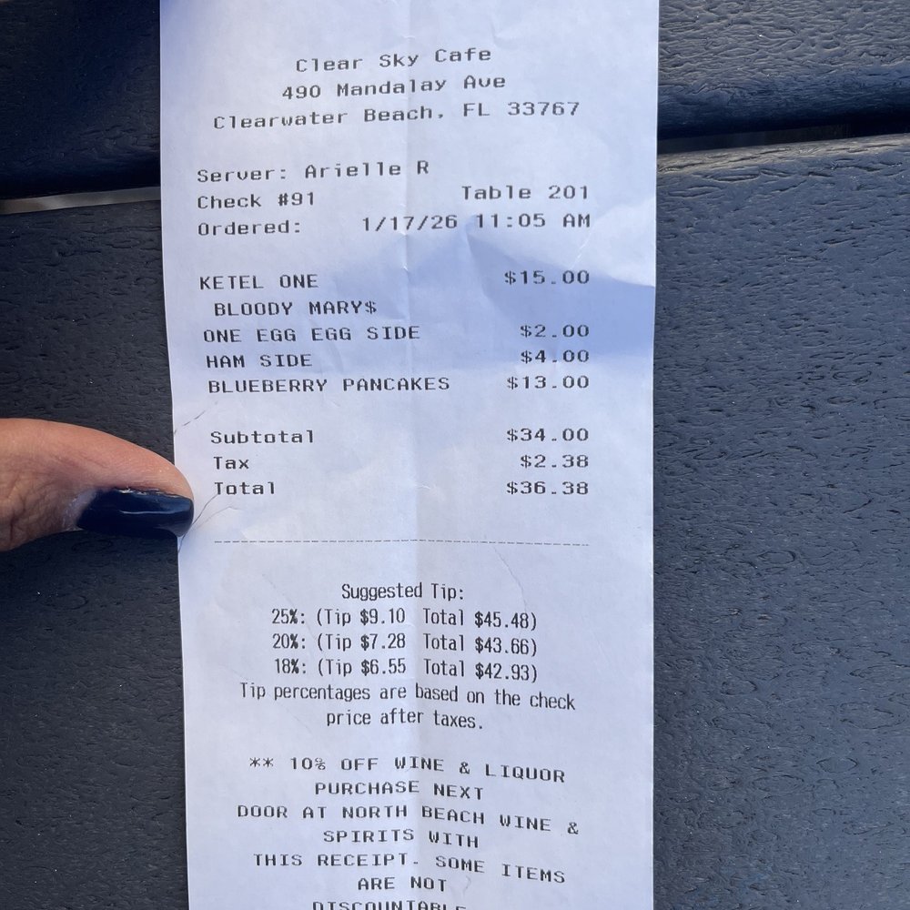 Clear Sky Cafe - Receipt - New American Near Me - Clearwater, Florida