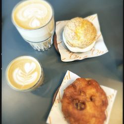 Pique Cafe - Curtado, latte, miso glazed apple fritter, profiterole