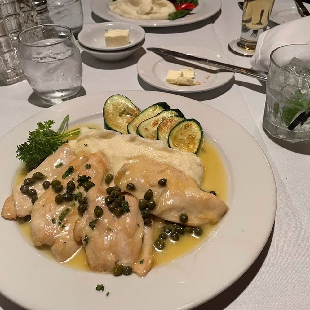 Dal Rae Restaurant - Free Range Breast of Chicken Piccata & Zucchini Sautéed. - Steakhouses Near Me - Pico Rivera, California Dal Rae Restaurant - Free Range Breast of Chicken Piccata & Zucchini Sautéed. - Steakhouses Near Me - Pico Rivera, California