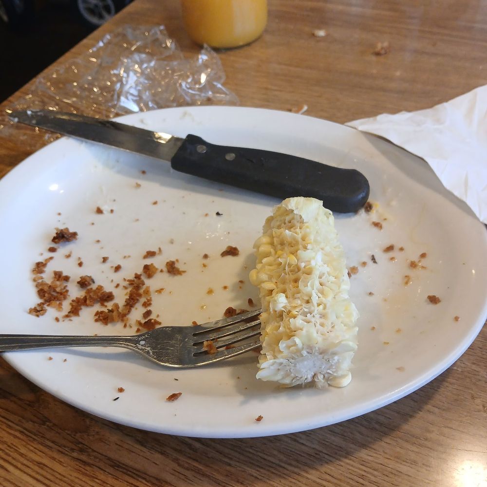 The remnants of my chicken fry. Had corn, mashed potatoes, and gravy(which i nixed) along with it and cost $23. The remnants of my chicken fry. Had corn, mashed potatoes, and gravy(which i nixed) along with it and cost $23.