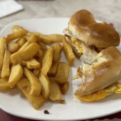 Nyack Diner - Bacon egg cheese on a bagel with steak fries.