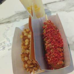 Potato and Hot Cheetos Dog (Type C) with Mango Passion Fruit Slush!