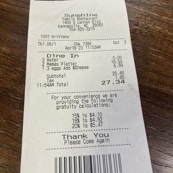 Sunshine Family Restaurant - The receipt - Breakfast & Brunch Near Me - Kannapolis, North Carolina