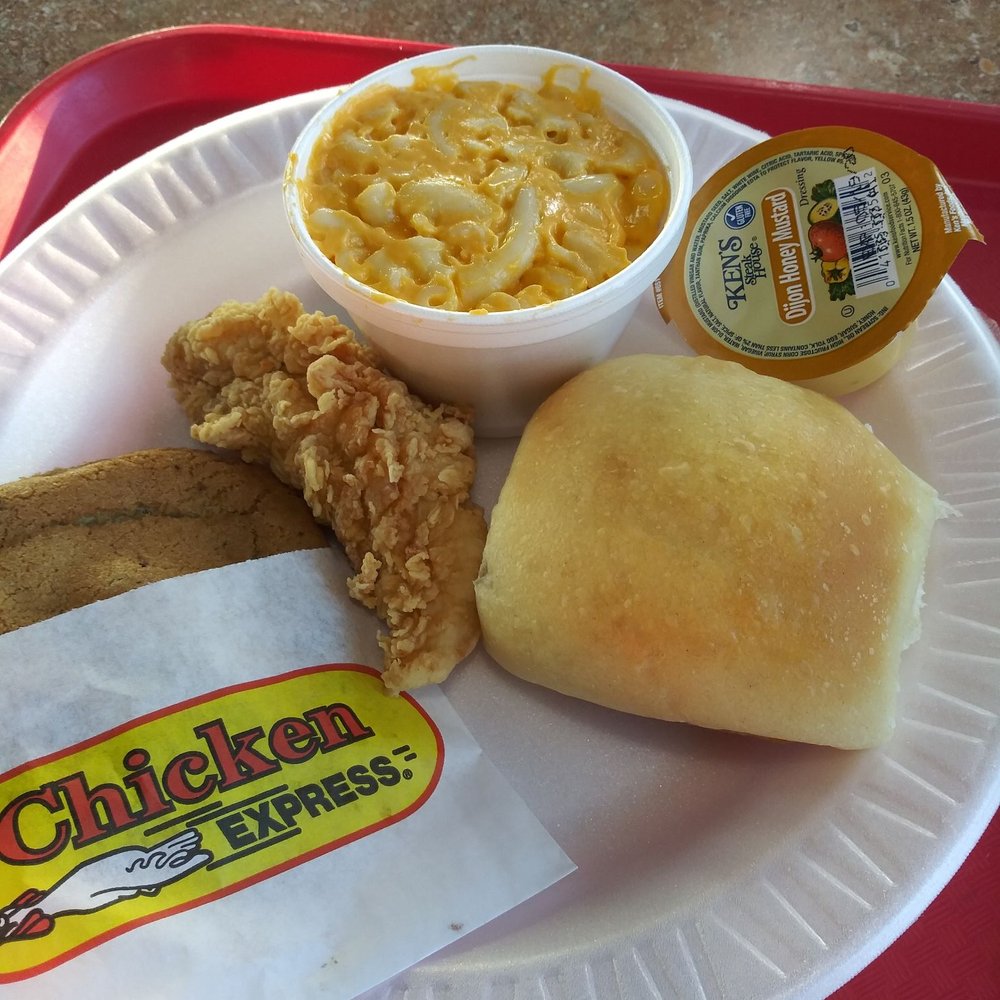Chicken Express - Kids meal tender, roll, mac (skip it), honey mustard, chocolate chip cookie and a drink $4.39 - Southern Near Me - Denton, Texas