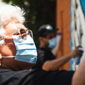 George Floyd Mural - Mural artist Donkeemom working alongside son and fellow mural artists Donkeeboy | Photo: David 'Odiwams' Wright - Public Art Near Me - Houston, Texas George Floyd Mural - Mural artist Donkeemom working alongside son and fellow mural artists Donkeeboy | Photo: David 'Odiwams' Wright - Public Art Near Me - Houston, Texas