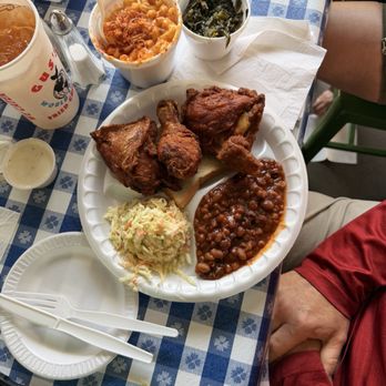 Gus's World Famous Fried Chicken - Chicken plate with beans, coleslaw, Mac &cheese, greens - Chicken Shop Near Me - Birmingham, Alabama