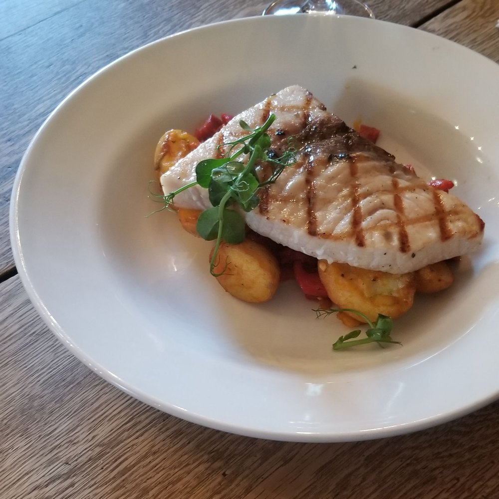 The Walnut Tree - Grilled Swordfish with Roasted Peppers, Chorizo Sausage and Potatoes - Pubs Near Me - Worlington, SFK The Walnut Tree - Grilled Swordfish with Roasted Peppers, Chorizo Sausage and Potatoes - Pubs Near Me - Worlington, SFK