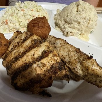 Scooter's Fish House - Fried swordfish, Cole slaw, potato salad and hush puppies. - Seafood Near Me - Navarre, Florida Scooter's Fish House - Fried swordfish, Cole slaw, potato salad and hush puppies. - Seafood Near Me - Navarre, Florida