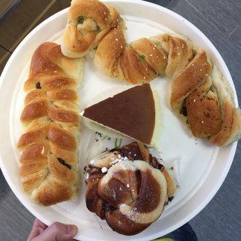Fay Da Bakery - Left: Denmark Twist, Scallion & Green Pea Twist Chocolate Walnut Bun. Center: Japanese Cheesecake Slice [total for everything $6.2] - Bakeries Near Me - Woodside, New York