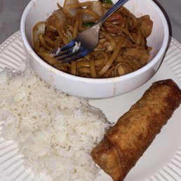 Chicken lo mein, white rice, and a very crispy egg-roll!!!