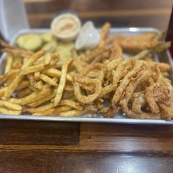 Twisted Root Burger - Onion Strings, Fried Pickles, Fried Green Beans & Carrots and Hand-Punched Fries