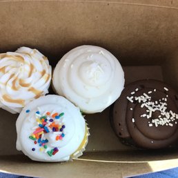 Salted caramel, Vanilla with white icing, Confetti, chocolate with chocolate icing.