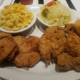 Fried turkey chops, cabbage, macaroni and cheese