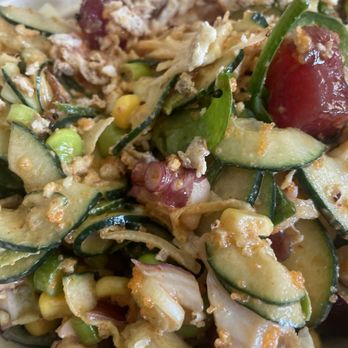 Poké House - San Mateo - Medium bowl with mixed greens. Crab salad, spicy miso salmon, garlic oyster tuna, octopus. - Poke Near Me - San Mateo, California