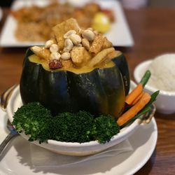 Malay - Thai massaman curry in acorn squash with white rice