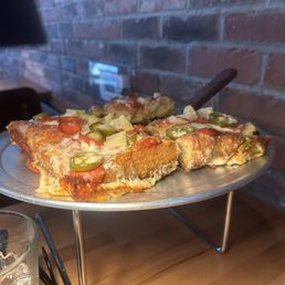 Deep dish was good but dry! Needs extra sauce and a steak knife. Deep dish was good but dry! Needs extra sauce and a steak knife.
