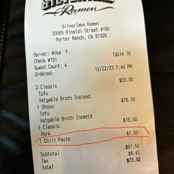 Silverlake Ramen - $1.50 for a spoon of chili paste. - Ramen Near Me - Porter Ranch, California