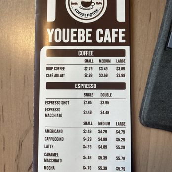Youebe Cafe - Menu - The menu from Youebe Cafe features coffee options including drip coffee, café au lait, and various espresso drinks with prices for small, medium, and large sizes. - Coffee & Tea Near Me - Washington, DC, District of Columbia