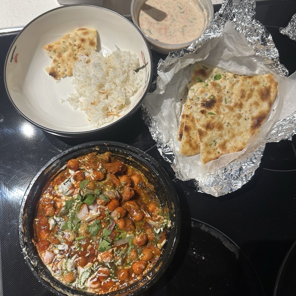 Samosa Chaat, Garlic and Cilantro Naan, Raita