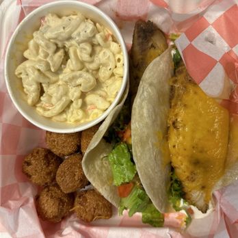 Bahama Mike's Seafood and Grill - Fish tacos with macaroni salad and hush puppies - Seafood Near Me - Pasadena, Maryland