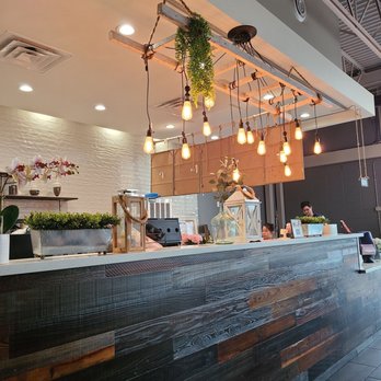 The Boba Shop - a counter with lights hanging from it - Bubble Tea Near Me - Spring, Texas