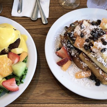 Red Apple Cafe - Crab cake benedict with fruit (L) & the Hawaiian French Toast (R). - Breakfast & Brunch Near Me - Fresno, California Red Apple Cafe - Crab cake benedict with fruit (L) & the Hawaiian French Toast (R). - Breakfast & Brunch Near Me - Fresno, California