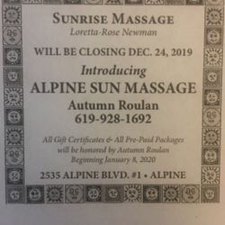 Loretta-Rose Newman HHP MT - SunriseMassage has closed. Loretta-Rose Newman has Retired. Now known as Alpine Sun Massage with Autumn Roulan