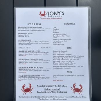 Tony's Crab Shack - Menu as of May 2025 - Seafood Near Me - Bandon, Oregon