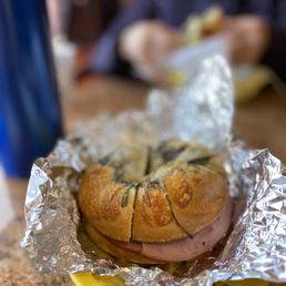 spinach asiago bagel with ham and egg...