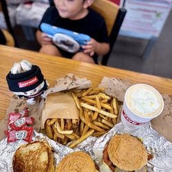 Five Guys - Grilled cheese $8.09 | little cheeseburger $10.49 | bacon cheeseburger $15.29 | regular fries $7.79 | pb milkshake $7.79
