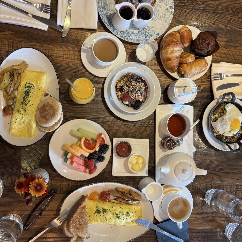 Breakfast Spread: Blueberry French Toast, Powder Omelette, Farmer's Omelette, Chorizo Hash, and Continental Breakfast. Breakfast Spread: Blueberry French Toast, Powder Omelette, Farmer's Omelette, Chorizo Hash, and Continental Breakfast.