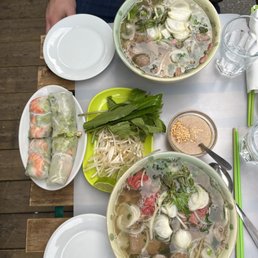Beef pho and shrimp spring rolls