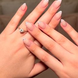 My beautiful pink French with brown polka dot gel X manicure for fall
