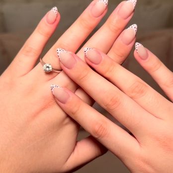 The Venetian Nail Spa - My beautiful pink French with brown polka dot gel X manicure for fall - Nail Salons Near Me - Houston, Texas