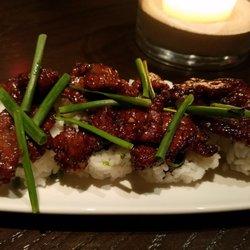 PF Changs - Mongolian sushi roll... sushi roll stuff with mushrooms top with Mongolian beef.. yummy