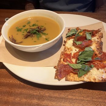 Seasons 52 - Pepperoni flatbread with butternut squash soup. So good! - New American Near Me - Sarasota, Florida Seasons 52 - Pepperoni flatbread with butternut squash soup. So good! - New American Near Me - Sarasota, Florida