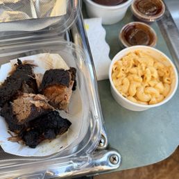 Burnt ends with Mac n cheese, baked beans sides Burnt ends with Mac n cheese, baked beans sides