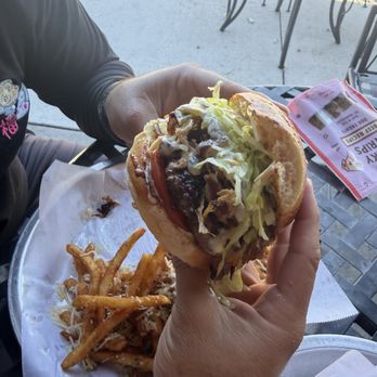 Aaron Schat's Roadhouse - Hot Shot Burger with garlic parmesan fries - American Near Me - Bishop, California Aaron Schat's Roadhouse - Hot Shot Burger with garlic parmesan fries - American Near Me - Bishop, California