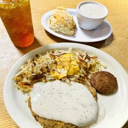 Rise and Shine - Sweet tea, biscuit w/ gravy, country fried steak w/ hash browns