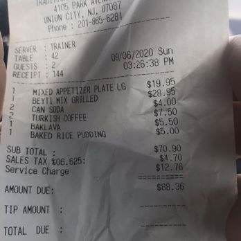 Beyti Kebab Restaurant - Service charge  and higher prices without disclosure than on menu. Glad I kept the receipt - Middle Eastern Near Me - Union City, New Jersey