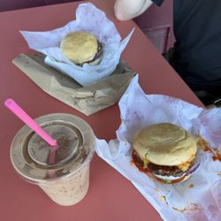 Two cheeseburgers and a mocha milkshake