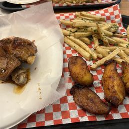 1/4 chicken (dark meat) with garlic fries and plantains 1/4 chicken (dark meat) with garlic fries and plantains
