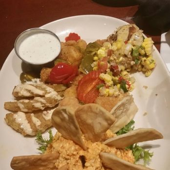 Blue Marlin - Fantastic app:crab cakes topped w/succatash, fried green tomatoes, pimento cheese w/crackers and firecracker fried shrimp - Seafood Near Me - Columbia, South Carolina
