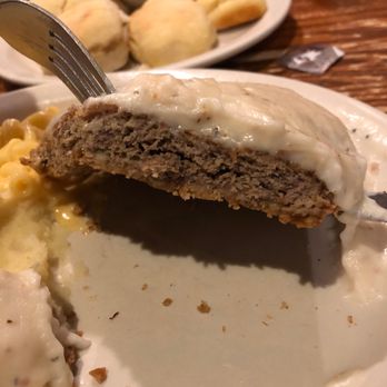 Cracker Barrel Old Country Store - This is supposed to be a fried steak,  you figure this? Looks like a over cooked patty of breaded something. - Breakfast & Brunch Near Me - Santee, South Carolina