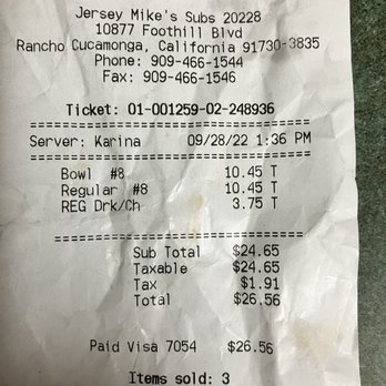 Jersey Mike's Subs - Sales receipt Proof for that awful customer service. Expensive bad meal. - Fast Food Near Me - Rancho Cucamonga, California Jersey Mike's Subs - Sales receipt Proof for that awful customer service. Expensive bad meal. - Fast Food Near Me - Rancho Cucamonga, California