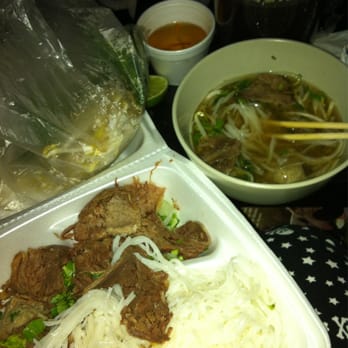 Pho Hong Phat - Pho to go. Soup top right, noodles n beef in the box, veggies in the bag. - Vietnamese Near Me - San Antonio, Texas