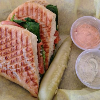 Texas Expresso - Caprese hot grilled panani with a side of aioli sauce and something else (spinach, fresh mozzarella, tomato, basil pesto on demibaguette) $6 - Coffee & Tea Near Me - Austin, Texas Texas Expresso - Caprese hot grilled panani with a side of aioli sauce and something else (spinach, fresh mozzarella, tomato, basil pesto on demibaguette) $6 - Coffee & Tea Near Me - Austin, Texas
