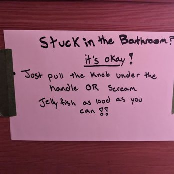 1908 Barbecue and Bourbon - Funny note on the bathroom door. It has a weird lock and I guess a few people have been locked in. - Barbeque Near Me - Twisp, Washington 1908 Barbecue and Bourbon - Funny note on the bathroom door. It has a weird lock and I guess a few people have been locked in. - Barbeque Near Me - Twisp, Washington