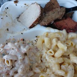 Plate - Pork loin, tri-tip, Hawaiian and cheese Mac.